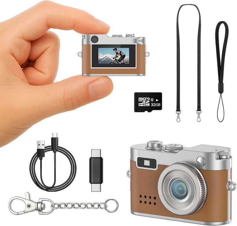 Dienspeak Mini Retro Camera with 1080P Video, 12MP Photos, Keychain Digital Camera, Ultra-Compact Tiny Camera with 32GB SD Card, OTG Adapter, Vintage Little Cameras for Travel, Daily Vlogging, Brown - Image 1